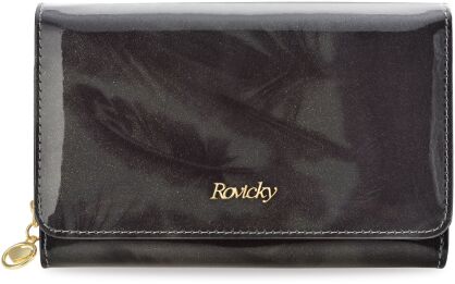 Elegancki skórzany portfel damski ROVICKY lakierowana opalizująca portmonetka RFID pudełko - czarny