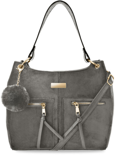 Klasyczna torba miejska torebka damska kuferek shopper bag na ramię z pomponem welur zamsz