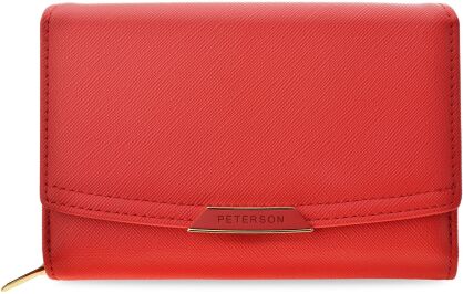 PETERSON elegancki klasyczny portfel damski portmonetka RFID secure pojemna pakowna z klapką w stylowym pudełku na prezent - czerwony