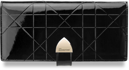 Elegancki portfel damski z zapinką lakierowana skóra naturalna - czarny