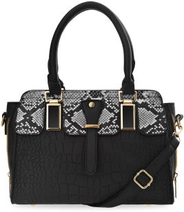 Elegancka torebka damska klasyczny kuferek tłoczony wężowy wzór - czarna
