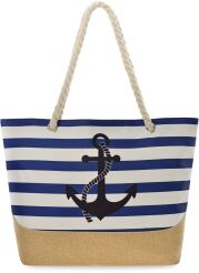 Marynarska torba plażowa w pasy paski duża pojemna torebka z lnianą wstawką miejska shopper na sznurkach kotwica - biała z niebieskim i beżem