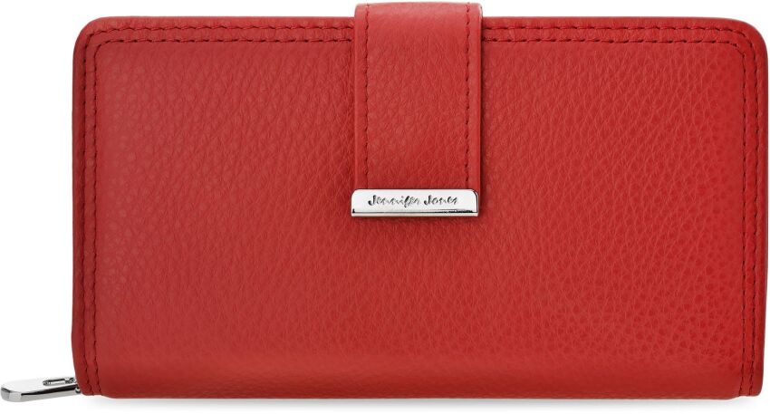 Pojemny skórzany portfel damski JENNIFER JONES duża portmonetka na zamek RFID secure - czerwony