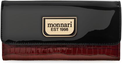 MONNARI duży portfel damski z klapką skórzany lakierowany ze wzorem skóry croco elegancka pakowna portmonetka w stylowym pudełku na prezent - czarny z czerwonym