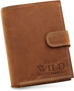 Stylowy portfel męski Always Wild pojemny solidny skórzany rozkładany antykradzieżowy RFID secure z zapinką - camel