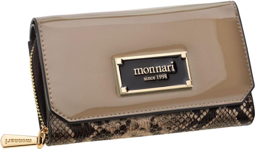 Portfel damski z klapą Monnari portmonetka na zamek i zatrzask lakierowany ekskluzywny - beżowy