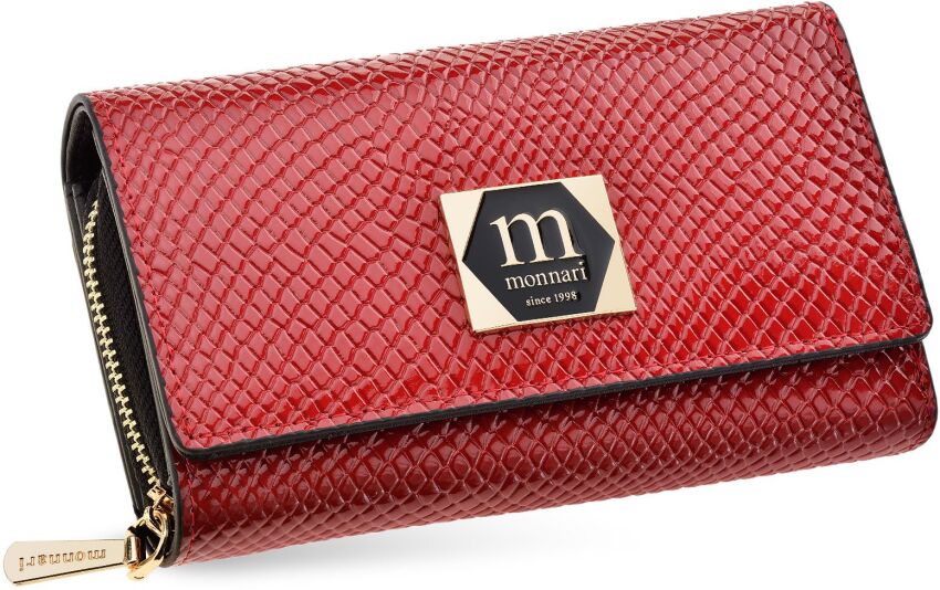 Monnari lakierowany portfel damski skórzany ekskluzywny na zamek i zatrzaski - czerwony