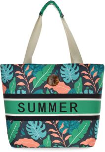 Plażowa kolorowa torba damska duża torebka miejska shopper na lato z nadrukiem torpikalny wzór liście - zielona