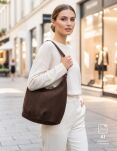 Skórzana włoska torba damska zamszowa torebka worek shopper na ramię - czekoladowa - 4