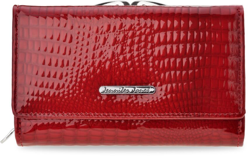 Elegancki skórzany portfel damski JENNIFER JONES zgrabna lakierowana portmonetka na bigiel - czerwony