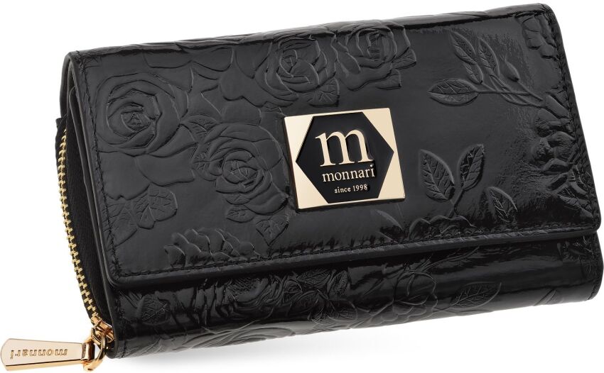 Monnari portfel damski skórzany na prezent elegancka portmonetka w kwiaty - czarny