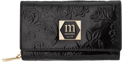 Monnari portfel damski skórzany na prezent elegancka portmonetka w kwiaty - czarny