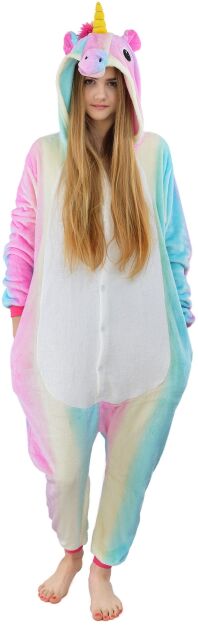 Piżama kigurumi jednoczęściowe przebranie kostium z kapturem – tęczowy jednorożec pastel