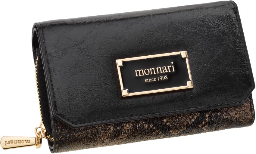 Portfel damski z klapą Monnari portmonetka na zamek i zatrzask ekskluzywny wężowy wzór - czarny