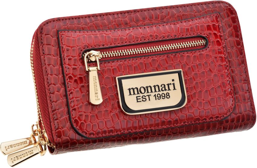 Monnari klasyczny portfel damski lakierowany duży pojemny na suwak - czerwony