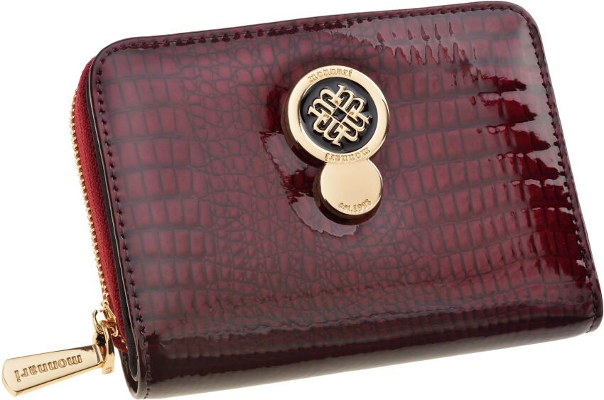 Monnari mały portfel ze wzorem skórzany na suwak lakierowana portmonetka - burgundowy