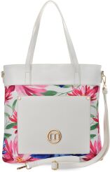 MONNARI piękna torba damska w kwiaty torebka shopper aktówka z kieszenią kwiecistym motywem logo - biała
