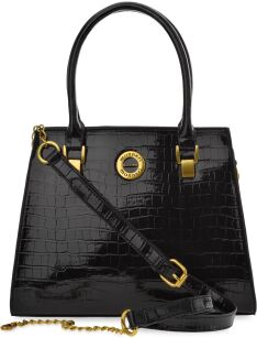 Monnari elegancka torebka damska lakierowany kuferek listonoszka z tłoczonym wzorem skóry croco - czarna