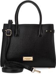MONNARI Premium klasyczna elegancka torba damska aktówka duży kuferek z tłoczonym wzorem skóry croco - czarna