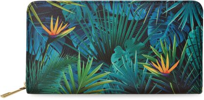 Kolorowy duży portfel damski z nadrukiem pojemna portmonetka kopertówka na zamek print tropikalny botaniczny wzór liście palma monstera - czarny z zielonym