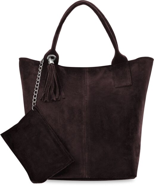 Włoska skórzana torba damska pojemna duża torebka boho worek zamszowa - czekoladowa