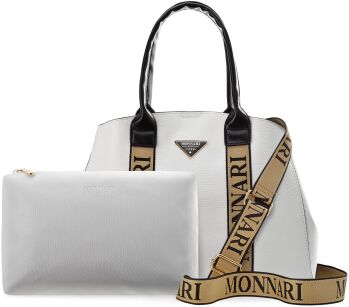 MONNARI premium torba damska shopper z logowanymi paskami 2w1 pojemna torebka łódka duży kuferek na ramię + organizer gratis - biała z beżem