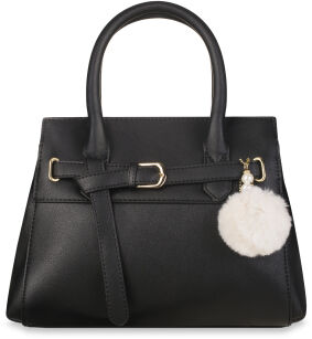 Klasyczna dwukomorowa torebka damska elegancki kuferek aktówka do ręki i na ramię shopperka z klamrą i pomponem - czarna
