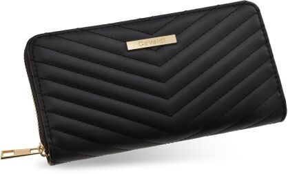 Elegancki portfel damski duży pikowany portmonetka kopertówka na zamek - czarny