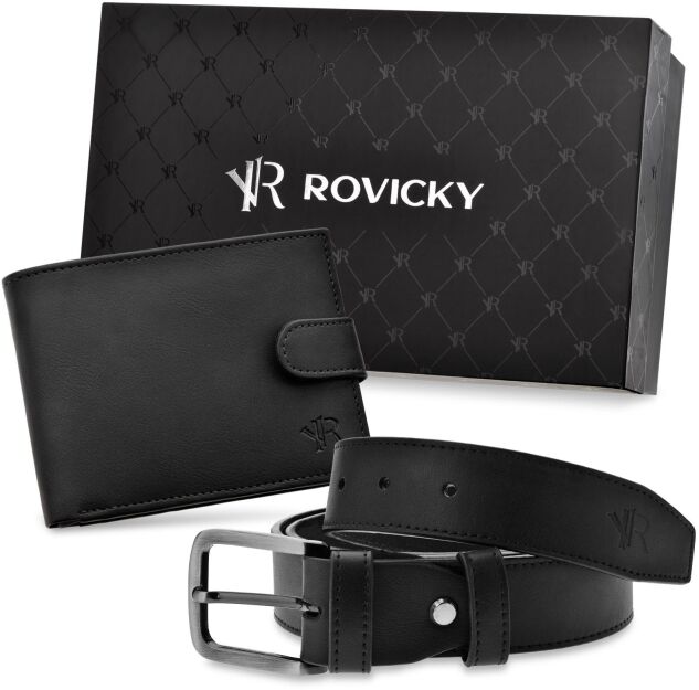 Rovicky zestaw prezentowy w eleganckim pudełku portfel RFID secure + pasek komplet na prezent  - czarny