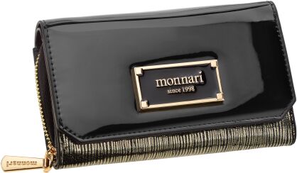 Portfel damski z klapą Monnari portmonetka na zamek i zatrzask lakierowany ekskluzywny - czarny ze złotym