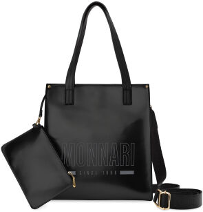 Lakierowana torebka damska MONNARI miejska pionowa torba z dużym logo shopperka z saszetką i sportowym paskiem - czarna