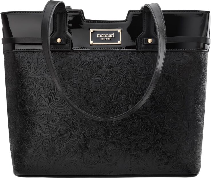 Monnari torba ze zdobieniem torebka shopper duża sztywna aktówka kwiaty - czarna