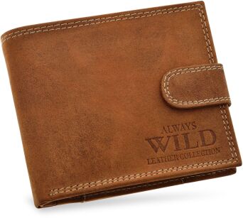 Pojemny skórzany portfel męski Always Wild poziomy rozbudowany z zapinką antykradzieżowy RFID secure - camel