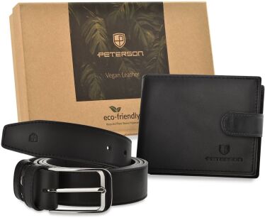 PETERSON zestaw prezentowy w eleganckim pudełku portfel + pasek komplet na prezent z wegańskiej skóry eco-friendly - czarny