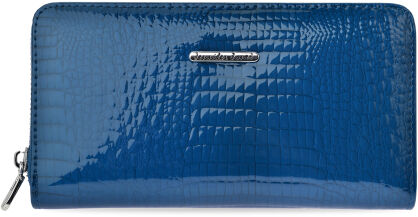 Duży lakierowany portfel damski na zamek pojemna portmonetka kopertówka skórzana krokodyl - niebieski