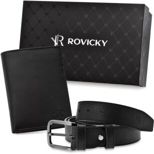 Rovicky zestaw prezentowy w eleganckim pudełku portfel męski RFID secure + pasek komplet na prezent - czarny