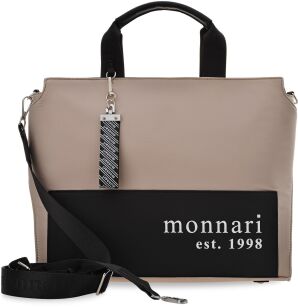 Monnari torebka damska shopper aktówka miejska duża pojemna torba z breloczkiem i logowanym paskiem - beżowa z czarnym