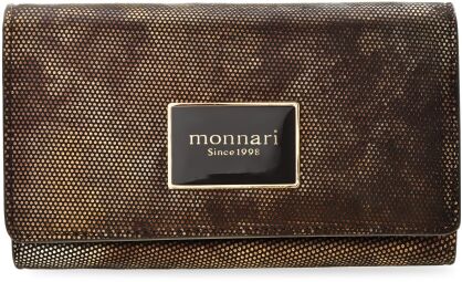 MONNARI elegancki mały portfel damski skórzany metaliczna portmonetka ze wzorem skóra naturalna zamsz nubuk - czarny ze złotym