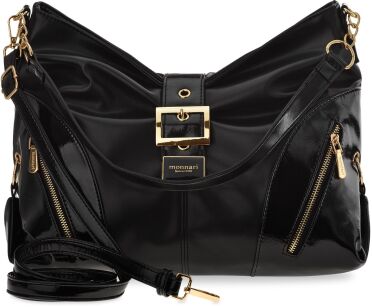 Monnari duży shopper z lakierowanymi elementami luźna pojemna torebka damska z klamrą torba worek na ramię - czarna