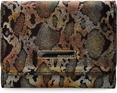 Elegancka mała portmonetka MONNARI zgrabny skórzany opalizujący portfel damski z metalicznym wzorem - czarno-złoty