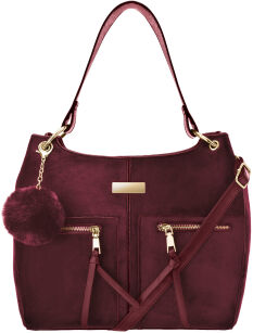 Klasyczna torba torebka kuferek shopper bag z pomponem welur zamsz - bordowa