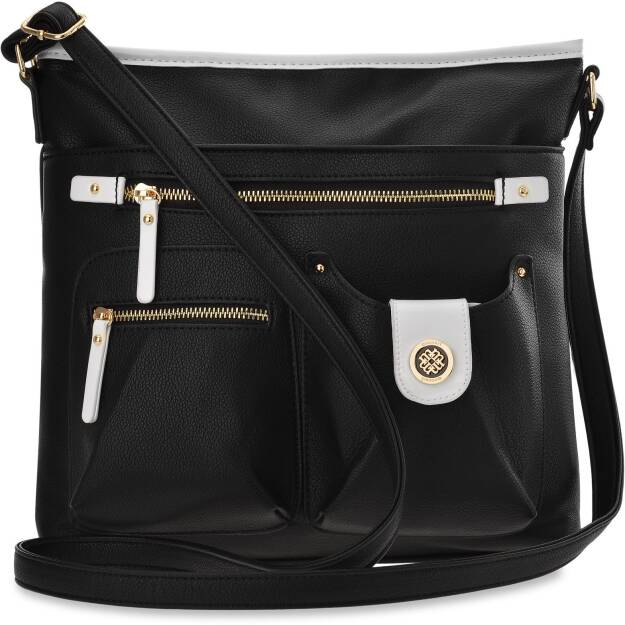 MONNARI TORBA DAMSKA CROSSBODY DUŻA POJEMNA LISTONOSZKA Z KIESZONKAMI SHOPPER NA DŁUGIM PASKU - CZARNA Z BIAŁYM