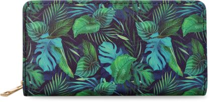 Kolorowy duży portfel damski z nadrukiem pojemna portmonetka kopertówka na zamek print tropikalny botaniczny wzór liście palma monstera - granatowy z zielonym