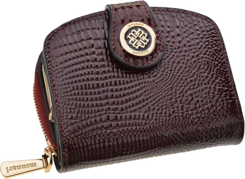 Monnari mały skórzany lakierowany portfel damski trójelementowa portmonetka - burgundowy