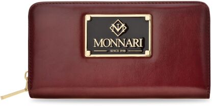MONNARI klasyczny elegancki portfel damski pojemny pakowny duża portmonetka z suwakiem i dużym logo - burgundowy