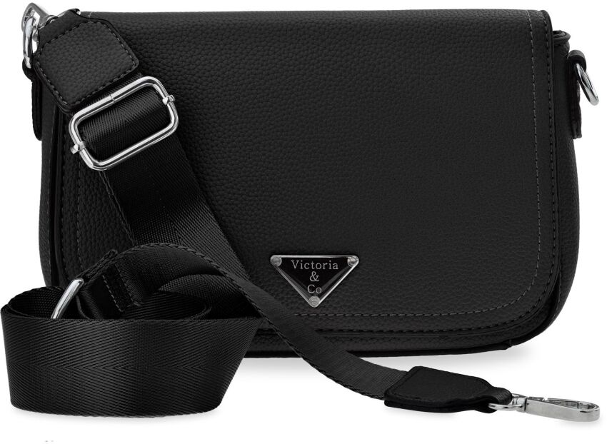 VICTORIA&CO klasyczna listonoszka crossbody pojemna sztywna torebka damska z szerokim materiałowym paskiem - czarna