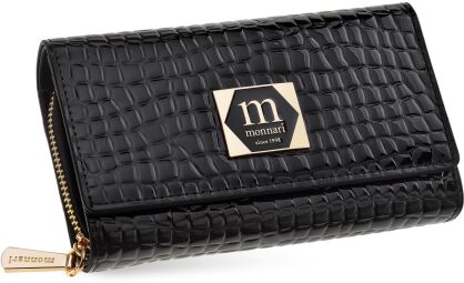 Monnari lakierowany portfel damski skórzany elegancka portmonetka ze wzorem - czarny