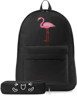 Komplet 2w1 plecak szkolny + piórnik młodzieżowy zestaw z nadrukiem - flaming - czarny