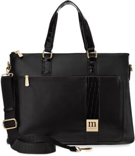 Monnari torebka damska na laptopa teczka aktówka elegancka torba biznesowa z lakierowanymi wstawkami croco - czarna