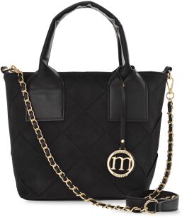MONNARI matowa nubukowa torebka damska z ciekawym plecionym panelem kuferek shopper z logo - czarna